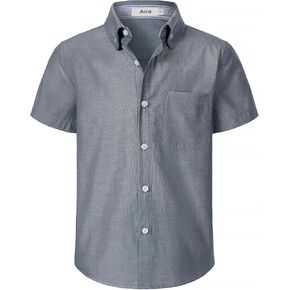 Boys Oxford Button Down Shirt Short Sleeve Formal Uniform Dress Shirts with Pocket