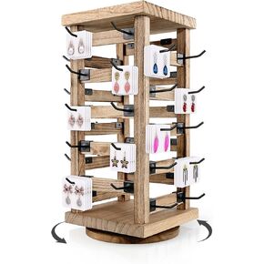 Wood Rotating Jewelry Display Stand, Wooden Earring Display Stands with 40 Removable Hooks, 5-Tier Jewelry Organizer for Earring Cards, Necklaces, Bracelets, Keychains (Square Shape)