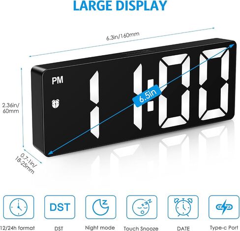 AMIR Digital Alarm Clock, [Upgraded Version] LED Clock for Bedroom, Electronic Desktop Clock with Type-C Port,Adjustable Brightness,DST,Snooze,12/24H Display for Home,Office in Saudi Arabia