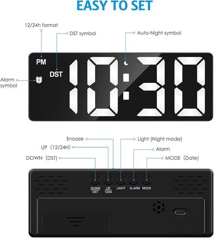AMIR Digital Alarm Clock, [Upgraded Version] LED Clock for Bedroom, Electronic Desktop Clock with Type-C Port,Adjustable Brightness,DST,Snooze,12/24H Display for Home,Office in Saudi Arabia