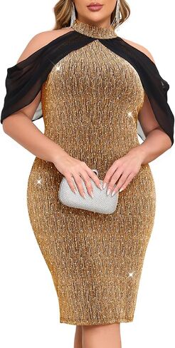 Zomva plus size parchly party bress bodycon halter neck with cape cocktail glitter night night night out in Kuwait