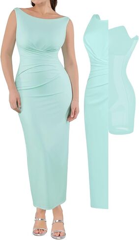 Popilush Formal Office Dresses for Women - Long Dress - Ruched Bodycon Maxi Dress Backless in Saudi Arabia