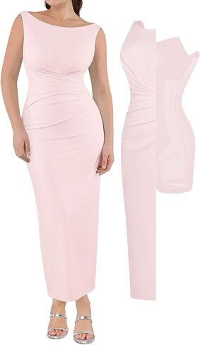 Popilush Formal Office Dresses for Women - Long Dress - Ruched Bodycon Maxi Dress Backless in Saudi Arabia