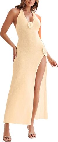 Women Sexy Backless See Through Knitted 3D Embroidery Dresses V-Neck Open Leg Sleeveless Halter Gown in Kuwait