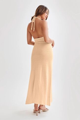 Women Sexy Backless See Through Knitted 3D Embroidery Dresses V-Neck Open Leg Sleeveless Halter Gown in Kuwait
