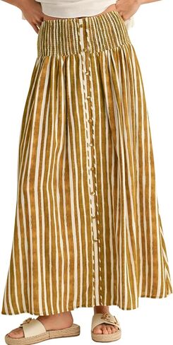 InterNos Womens Striped Maxi Skirt Trendy Front Buttons Elastic Waistband A-Line Boho Long Skirt with Pockets in Kuwait
