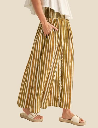 InterNos Womens Striped Maxi Skirt Trendy Front Buttons Elastic Waistband A-Line Boho Long Skirt with Pockets in Kuwait