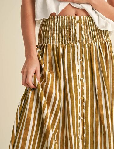 InterNos Womens Striped Maxi Skirt Trendy Front Buttons Elastic Waistband A-Line Boho Long Skirt with Pockets in Kuwait