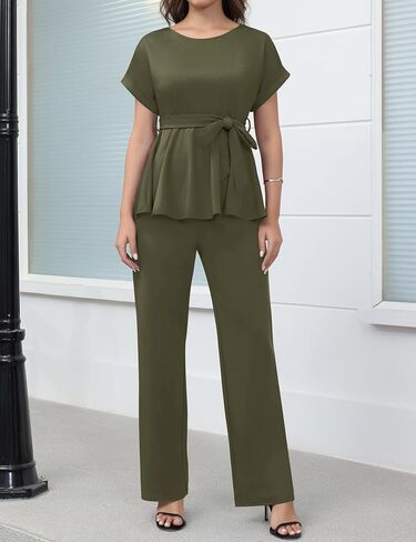 طقم بدلة نسائية مكون من قطعتين من Ekaliy بأكمام قصيرة وسروال واسع من Peplum أطقم بدلات عمل in Kuwait
