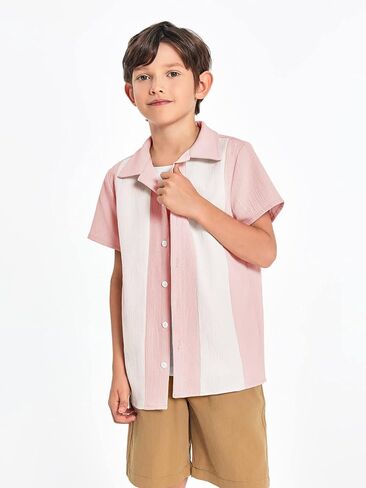 Haloumoning Boys Shirts Button Down Short Sleeve Shirt Striped Casual Summer Beach Shirts 5-14 Years in Saudi Arabia