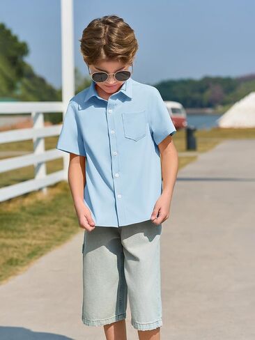 Haloumoning Boys Dress Shirts Button Down Short Sleeve Shirt Kids Summer Casual Shirts with Pockets 5-14 Years in Saudi Arabia