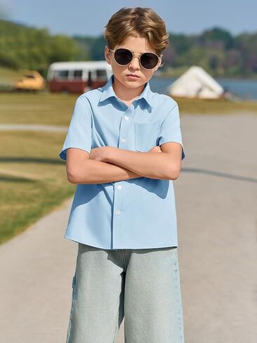 Haloumoning Boys Dress Shirts Button Down Short Sleeve Shirt Kids Summer Casual Shirts with Pockets 5-14 Years in Saudi Arabia
