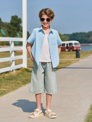 Haloumoning Boys Dress Shirts Button Down Short Sleeve Shirt Kids Summer Casual Shirts with Pockets 5-14 Years in Saudi Arabia