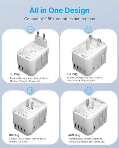 Universal Travel Adapter, VINTAR International Plug Adapter with 6A 3 USB C and 2 USB Ports, Travel Essentials Power Adapter, Worldwide All-in-One Outlet Converter for Europe UK USA AUS(Type C/G/A/I) in Kuwait