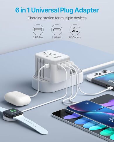Universal Travel Adapter, VINTAR International Plug Adapter with 6A 3 USB C and 2 USB Ports, Travel Essentials Power Adapter, Worldwide All-in-One Outlet Converter for Europe UK USA AUS(Type C/G/A/I) in Kuwait