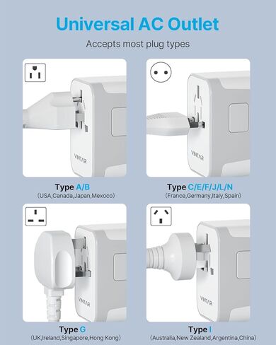 Universal Travel Adapter, VINTAR International Plug Adapter with 6A 3 USB C and 2 USB Ports, Travel Essentials Power Adapter, Worldwide All-in-One Outlet Converter for Europe UK USA AUS(Type C/G/A/I) in Kuwait