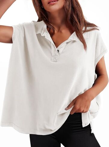 Tankaneo Womens Oversized Cap Sleeve Polo Shirts Summer Casual V Neck Tops Loose Fit Collared Cotton Tee Shirts in Kuwait