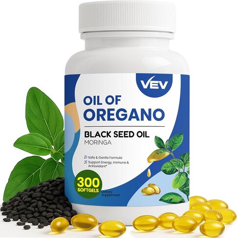 VEV 6000mg Oil of Oregano with Black Seed Oil & Moringa, Aceite de Oregano, Carvacrol-Rich, Organic, Opaque Airtight Packaging, 300 Softgels (Packaging May Vary) in Kuwait
