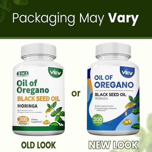 VEV 6000mg Oil of Oregano with Black Seed Oil & Moringa, Aceite de Oregano, Carvacrol-Rich, Organic, Opaque Airtight Packaging, 300 Softgels (Packaging May Vary) in Kuwait