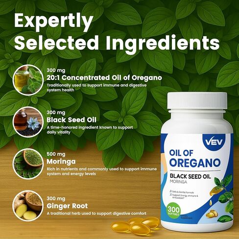 VEV 6000mg Oil of Oregano with Black Seed Oil & Moringa, Aceite de Oregano, Carvacrol-Rich, Organic, Opaque Airtight Packaging, 300 Softgels (Packaging May Vary) in Kuwait