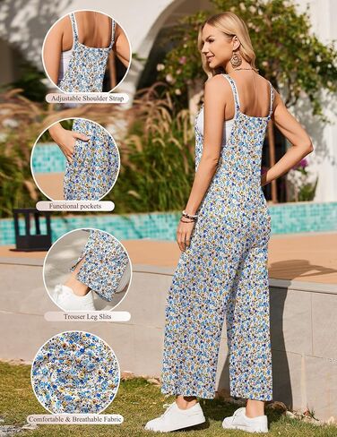 Ekouaer Womens Natualless Summetuits Summer Boho Wide Leg Floral Rompers مع جيوب in Kuwait