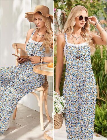Ekouaer Womens Natualless Summetuits Summer Boho Wide Leg Floral Rompers مع جيوب in Kuwait