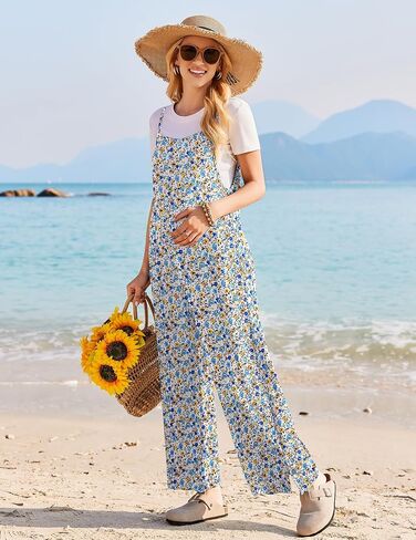 Ekouaer Womens Natualless Summetuits Summer Boho Wide Leg Floral Rompers مع جيوب in Kuwait