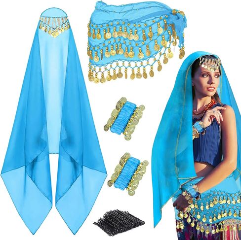 4Pcs Belly Dancer Outfit Sets, Chiffon Head Scarf,Belly Dance Hip Scarf, 2 Coin Wrist Bracelets, 50 Bobby Pins in Saudi Arabia