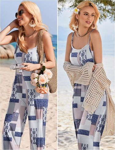Ekouaer Womens Natualless Summetuits Summer Boho Wide Leg Floral Rompers مع جيوب in Kuwait