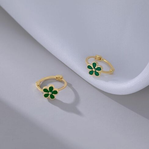 Reffeer Solid 925 Sterling Silver Flower Hoop أقراط Daisy للنساء في سن المراهقة Girls Green Flower Hoop أقراط Huggie in Saudi Arabia