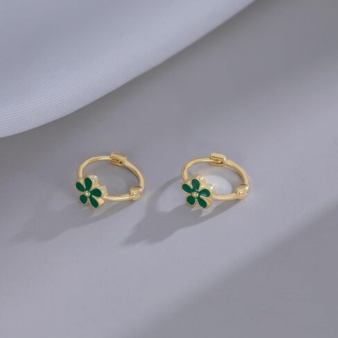 Reffeer Solid 925 Sterling Silver Flower Hoop أقراط Daisy للنساء في سن المراهقة Girls Green Flower Hoop أقراط Huggie in Saudi Arabia