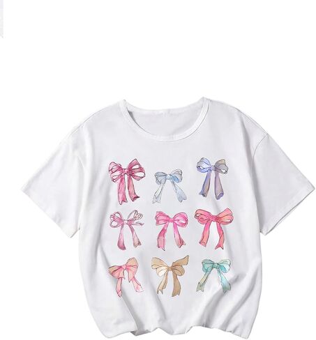 Girl's Bow Graphic Tees Short Sleeve Crew Neck Cute Shirts Slim Fit Summer T Shirts Tops for Teens in Kuwait