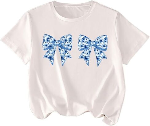 Tees Girl's Graphic Short Sleeve Bow Print Tops Tops Crew Neck Drop الكتف in Kuwait