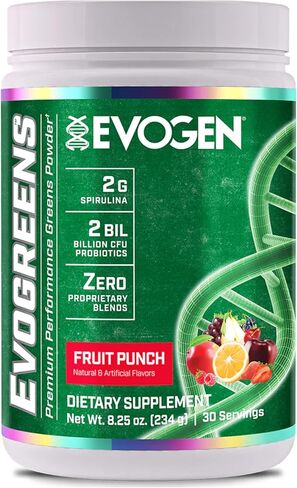 Evogen Evogreens - Super Greens Powder | يعزز الانتعاش والعافية وصحة المناعة | مسحوق الأطعمة الخضراء مع سبيرولينا ، البروبيوتيك ، مستخلص الرمان pomanox | لكمة الفاكهة | 30 حصص in Saudi Arabia