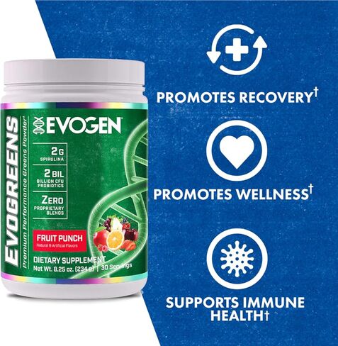 Evogen Evogreens - Super Greens Powder | يعزز الانتعاش والعافية وصحة المناعة | مسحوق الأطعمة الخضراء مع سبيرولينا ، البروبيوتيك ، مستخلص الرمان pomanox | لكمة الفاكهة | 30 حصص in Saudi Arabia