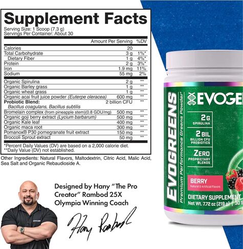 Evogen Evogreens - Super Greens Powder | يعزز الانتعاش والعافية وصحة المناعة | مسحوق الأطعمة الخضراء مع سبيرولينا ، البروبيوتيك ، مستخلص الرمان pomanox | لكمة الفاكهة | 30 حصص in Saudi Arabia