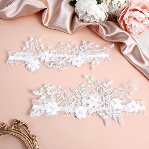 2 Pcs Wedding Garters for Brides, Lace Pearl Thigh Wedding Garters for Women, Elastice Flower Garter for Bride Bridesmaid(White, Suitable for Leg Circumference 15.8-23.6 inch) in Saudi Arabia