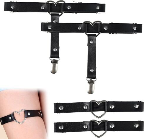 Thigh Garters for Women 4 PCS Leg Garter Adjustable Garters for Thigh Highs Heart Shaped Garter Non-slip Leather Leg Strap Garter Suitable for Thigh-High Stockings (Black) in Saudi Arabia
