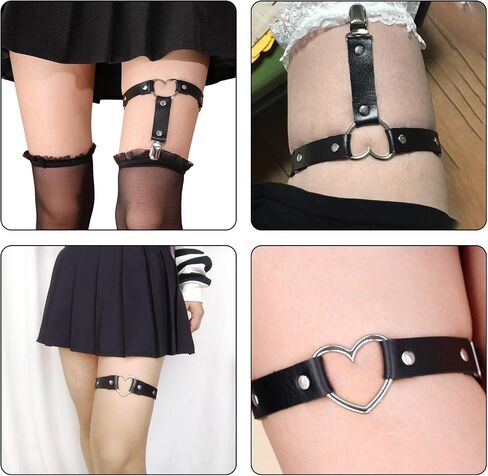 Thigh Garters for Women 4 PCS Leg Garter Adjustable Garters for Thigh Highs Heart Shaped Garter Non-slip Leather Leg Strap Garter Suitable for Thigh-High Stockings (Black) in Saudi Arabia
