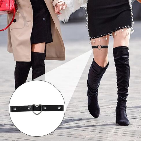 Thigh Garters for Women 4 PCS Leg Garter Adjustable Garters for Thigh Highs Heart Shaped Garter Non-slip Leather Leg Strap Garter Suitable for Thigh-High Stockings (Black) in Saudi Arabia