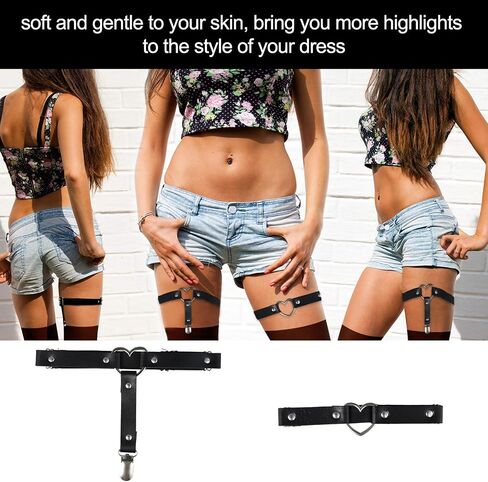 Thigh Garters for Women 4 PCS Leg Garter Adjustable Garters for Thigh Highs Heart Shaped Garter Non-slip Leather Leg Strap Garter Suitable for Thigh-High Stockings (Black) in Saudi Arabia