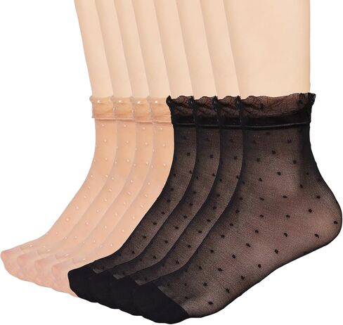 Mcool Mary 12 Pairs Women's Sheer Ruffled Socks Frilly Ankle High Nude Nylon Dot Stocking Summer Ultra Thin Cool Silk Sock in Kuwait
