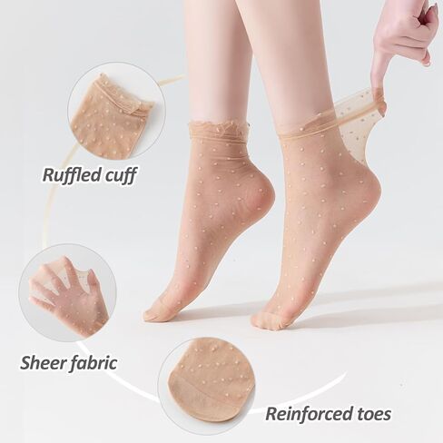 Mcool Mary 12 Pairs Women's Sheer Ruffled Socks Frilly Ankle High Nude Nylon Dot Stocking Summer Ultra Thin Cool Silk Sock in Kuwait