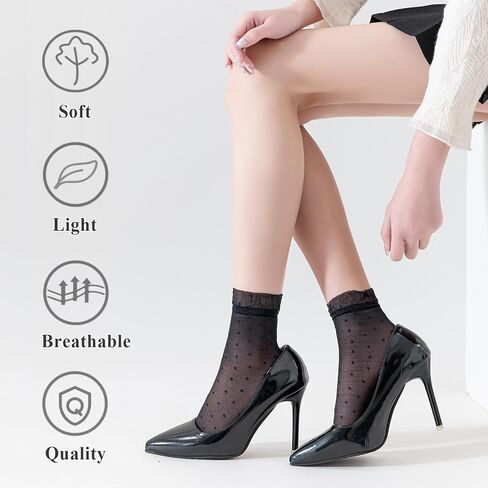 Mcool Mary 12 Pairs Women's Sheer Ruffled Socks Frilly Ankle High Nude Nylon Dot Stocking Summer Ultra Thin Cool Silk Sock in Kuwait