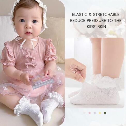 Zando Girls Girls Socks Toddler Girls Frilly Lace Dress Socks Cotton Colet Cours for Baby Infant Newborn 3/5 Pairs in Kuwait