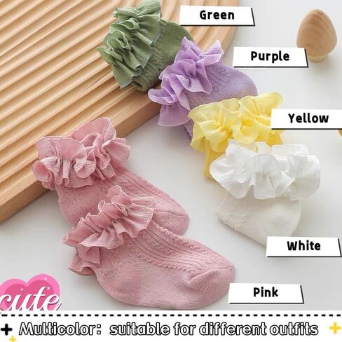 Zando Girls Girls Socks Toddler Girls Frilly Lace Dress Socks Cotton Colet Cours for Baby Infant Newborn 3/5 Pairs in Kuwait