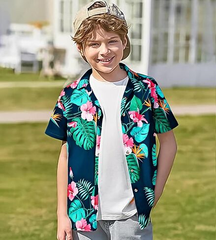 Damipow Boy's Hawaiian Shirt Short Sleeve Button Down Kids Beach Vacation Shirts Tropical Summer Tops in Saudi Arabia