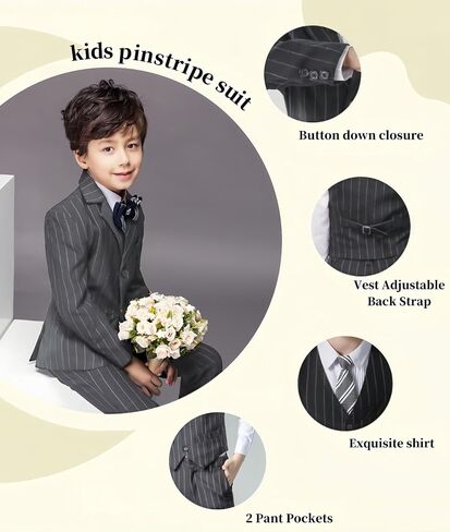 Boys Pinstripe Suits Kids Wedding Bearer Outfit Toddler Boy Communion Clothes Easter Formal Suit Set with Shirt and Tie in Saudi Arabia
