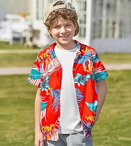 Damipow Boy's Hawaiian Shirt Short Sleeve Button Down Kids Beach Vacation Shirts Tropical Summer Tops in Saudi Arabia