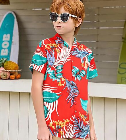 Damipow Boy's Hawaiian Shirt Short Sleeve Button Down Kids Beach Vacation Shirts Tropical Summer Tops in Saudi Arabia